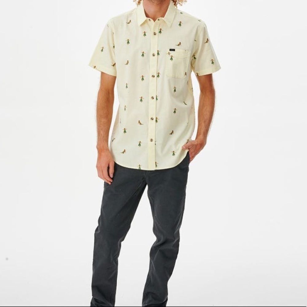 DJAB Hula Pastel Yellow Cotton Short Sleeve Button Up Shirt Size L